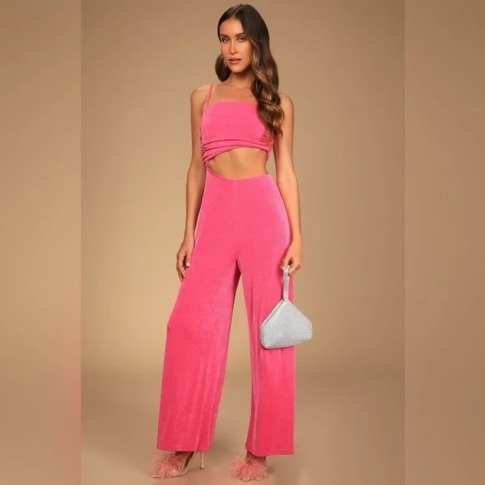 Lulus Hot Pink Velvet Cutout Jumpsuit Wide Leg Sleeveless Party Romper XL